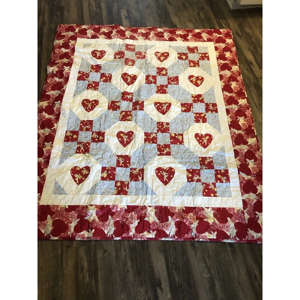Handmade Quilt 52x62 Red Love Cupid Wedding Hearts Patchwork Coverlet